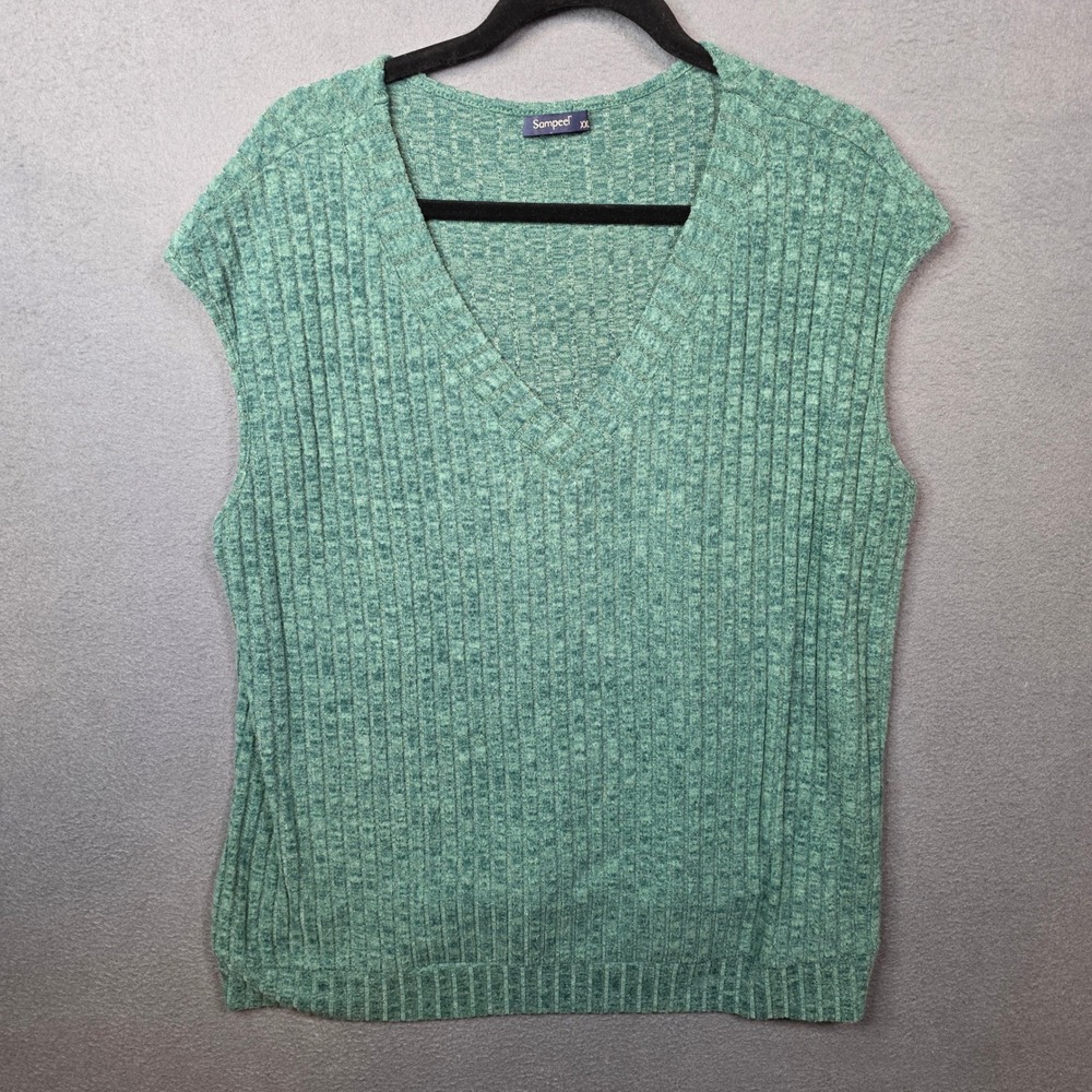 Sampeel Womens V-Neck Ribbed Knit Vest XXL Green Sleeveless Pullover Top